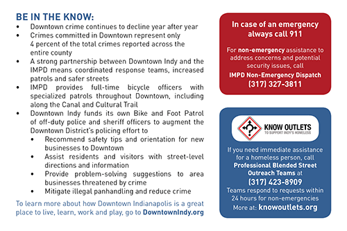 The back of the card lists phone numbers to call for specific situations along with ways that Downtown Indy is making Downtown a safer community. 